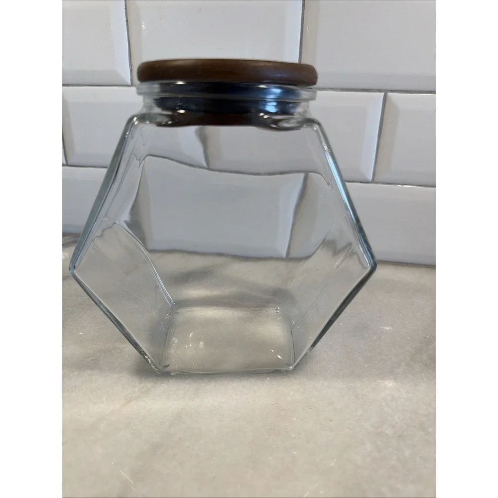 Vintage Teakwood Libbey Of Canada‎ Hexagon Glass Storage Jar